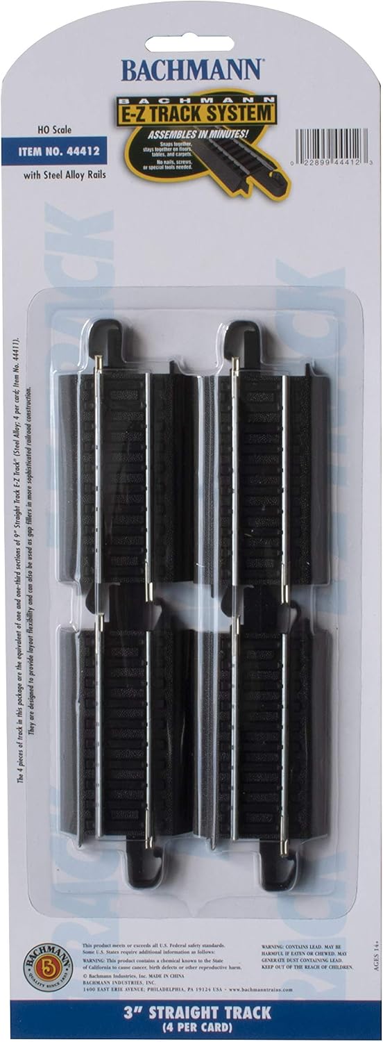 Trains E-Z Track 3" Straight Track 4PK Steel Alloy Rail HO Scale | Snap-Fit E-Z Track, 3” Straight Track (4/card)