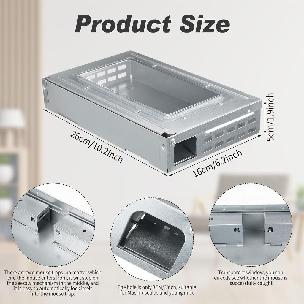4 Pack Mice Trap Multi Catch Humanized, Silver, Clear Top | Mouse Traps, Reusable Rodent Control with See-through