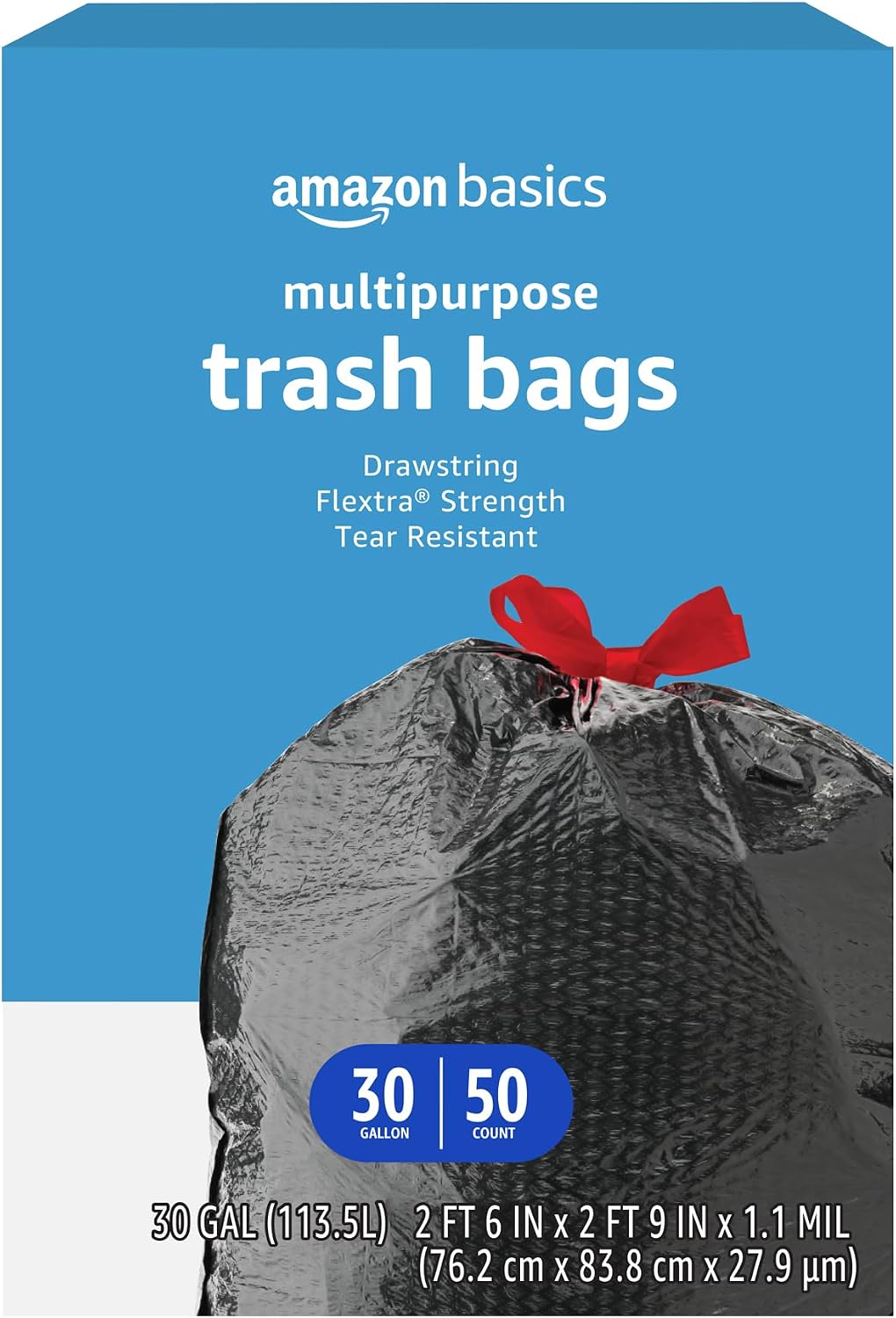 Flextra Multipurpose Drawstring Trash Bags, 30 Gallon, 50 Count, Tear Resistant