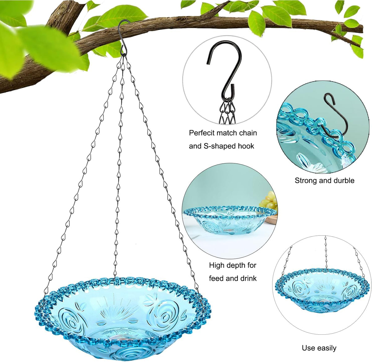 2-Pack Hanging Plastic Bird Bath and Feeder Bowls, Blue