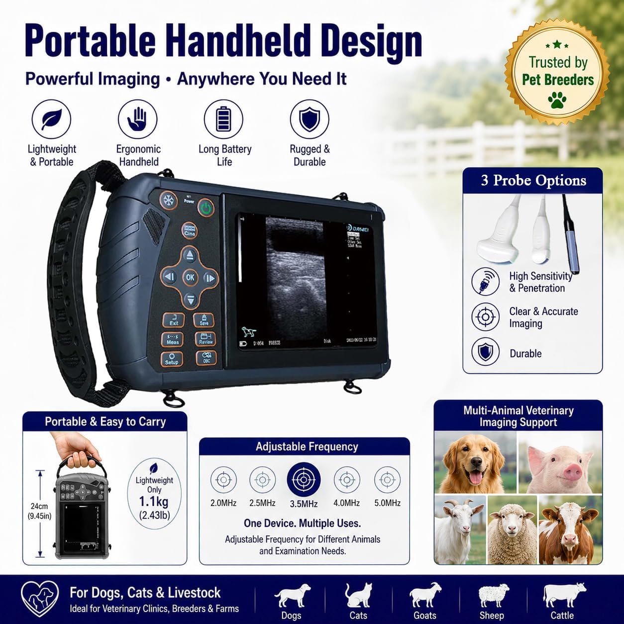 DAWEI S1 Veterinary Ultrasound Machine for Pregnancy Portable Scanner with 3.5Mhz Convex Probe Waterproof Probe for