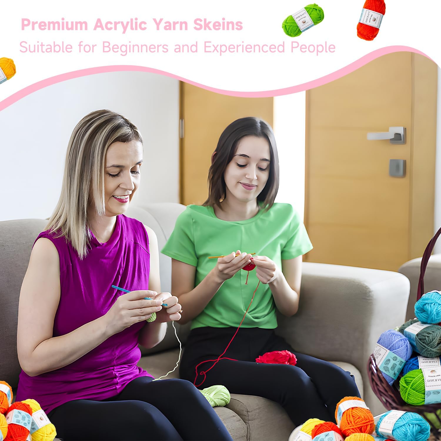 48 PCS Crochet Yarn Kit, 1400 Yards 40 Colors Acrylic Yarn Skeins, 2 Crochet Hooks, 2 Weaving Needles, 4 Stitch