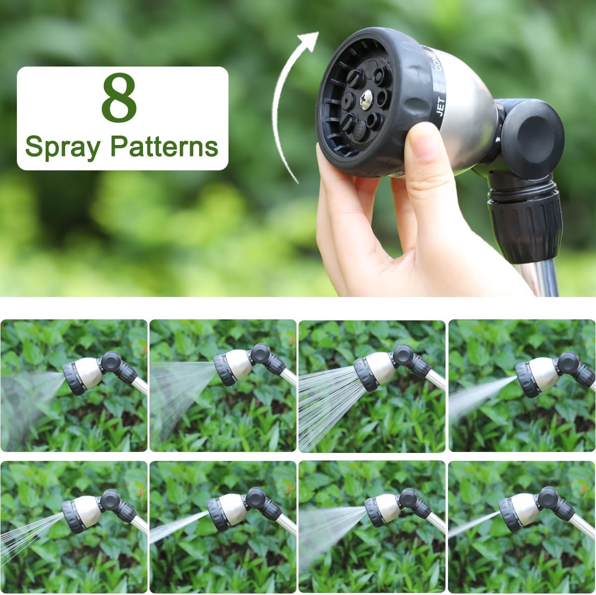 Watering Wand Heavy Duty, 16 Inches Metal Garden Hose Wand with 8 Spray Patterns, Long Hose Nozzle Sprayer with