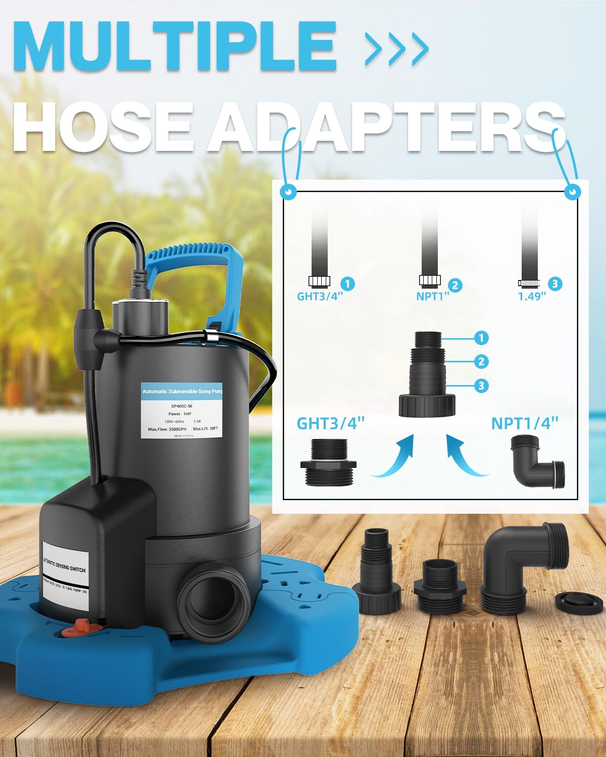 AgiiMan 1HP Automatic Pool Cover Pump, Submersible Sump Pump, Light Blue