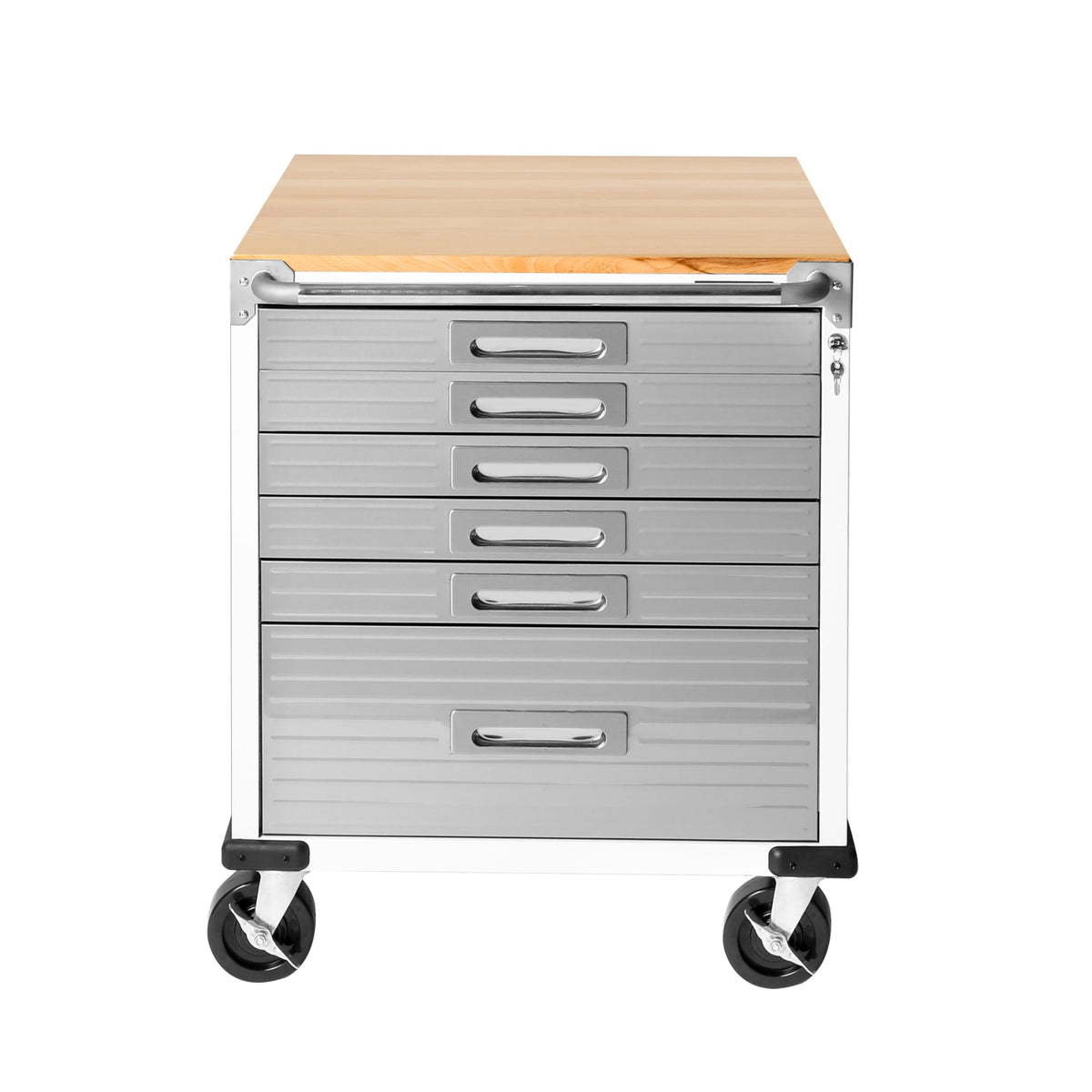 UltraHD Heavy Duty Rolling Cabinet Workbench Table w/Solid Wood Top, Workstation for Garage, Office, Workshop, White