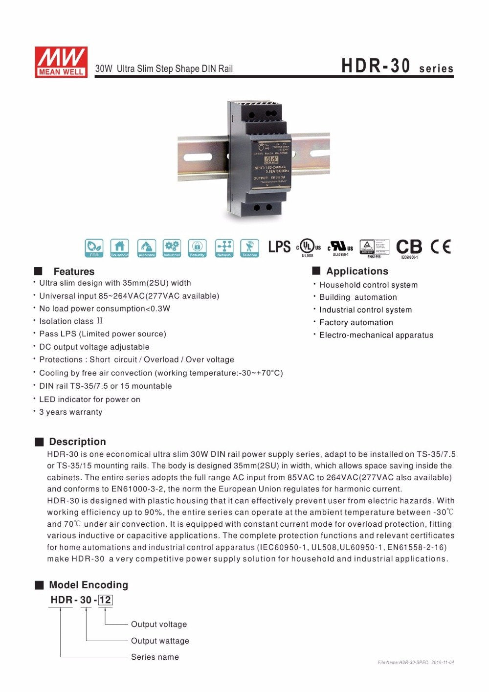MEAN WELL HDR-30 Ultra Slim Step-Shape 2SU DIN Rail Power Supply, 12V 2A 24W