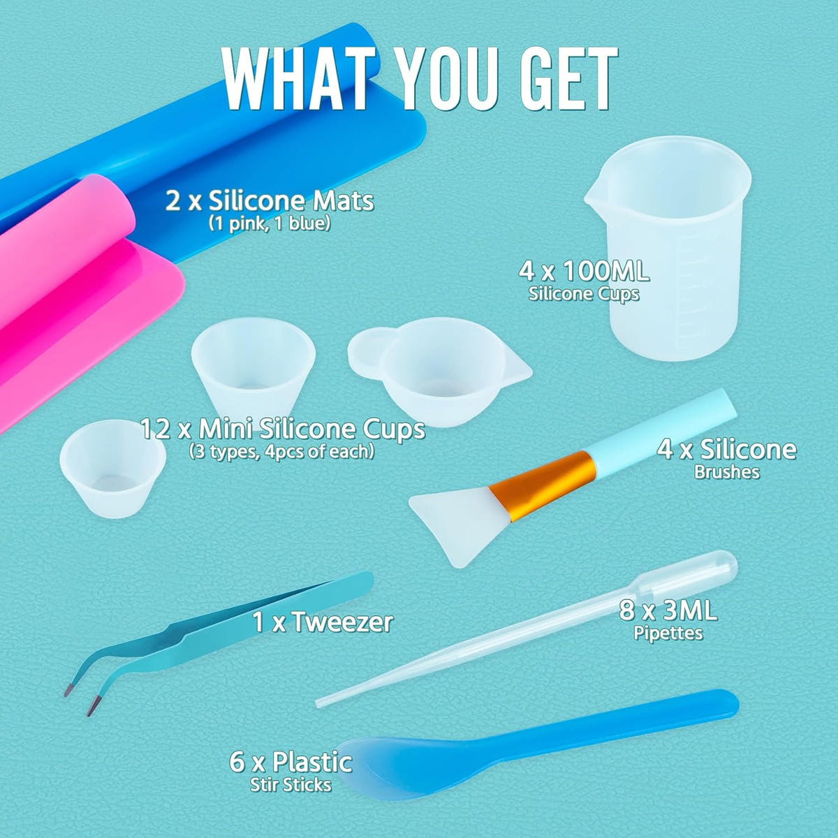 Epoxy Resin Mixing Tools Kit 36Pcs, Reusable Soft Silicone Tools, Includes A3 Non-Stick Silicone Mat, Measuring Cups