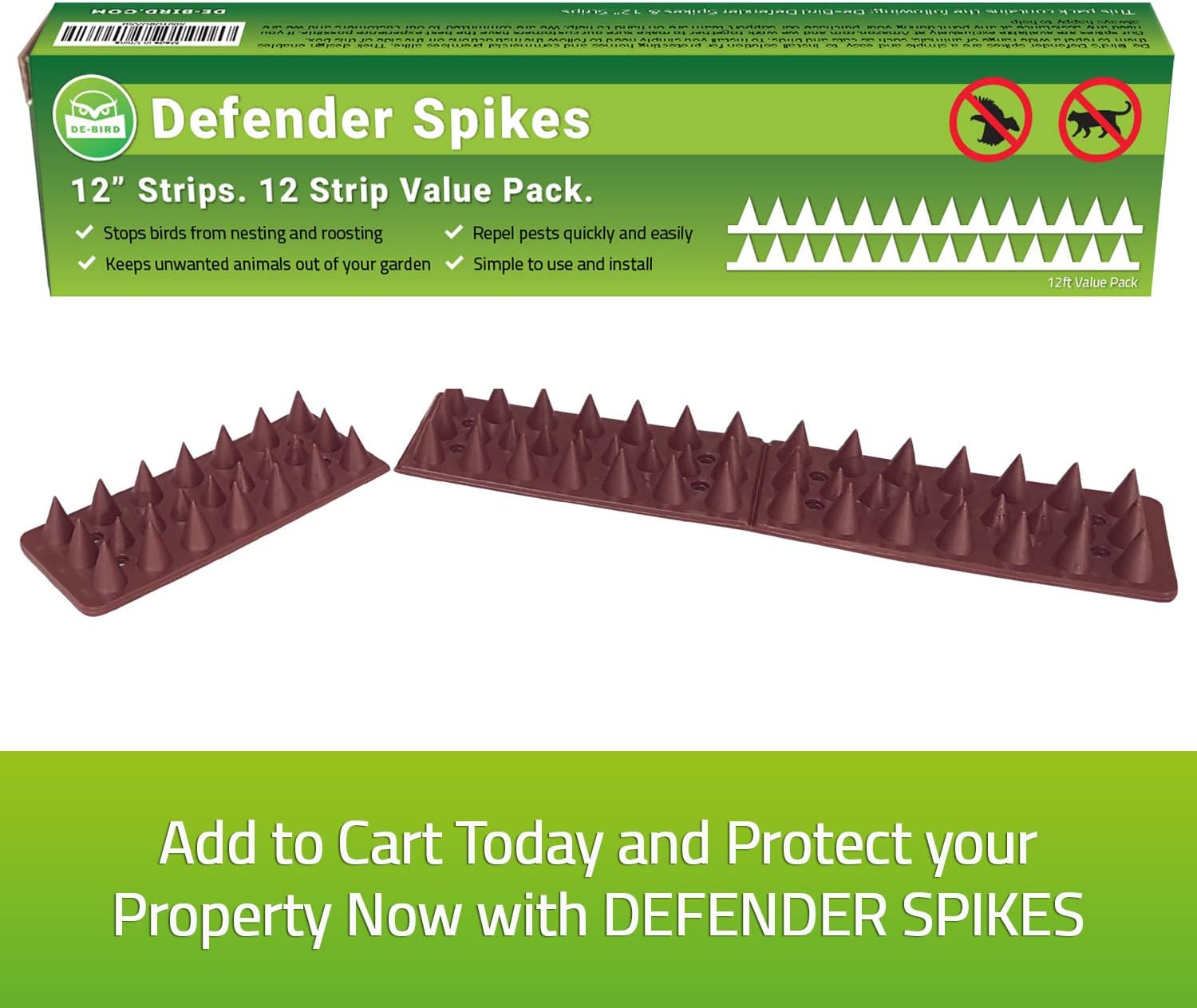 Bird Spikes - 12-Piece, 12 Ft Total, Woodpecker - Animal Deterrent & Plastic Spike Strips for Outdoor Fence