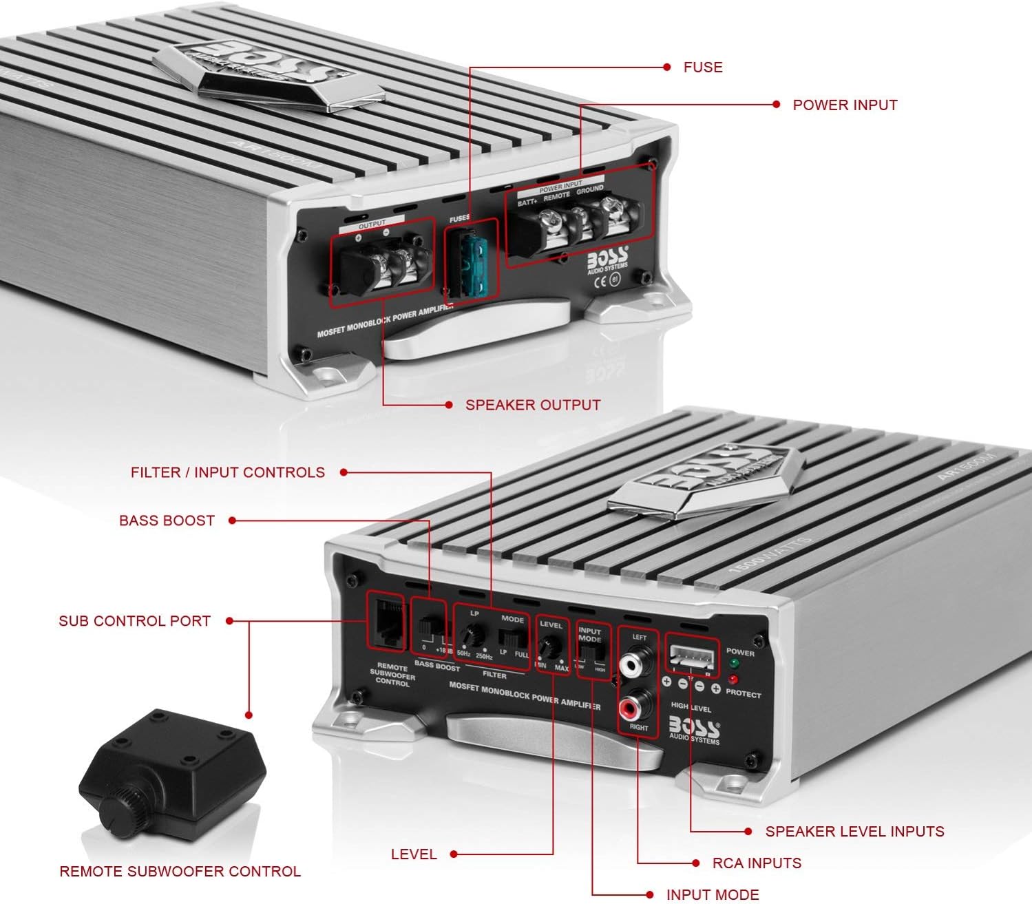 AR1500M Monoblock Car Amplifier - 1500 High Output, High/Low Level Inputs, Low Pass Crossover, Hook Up to Subwoofer