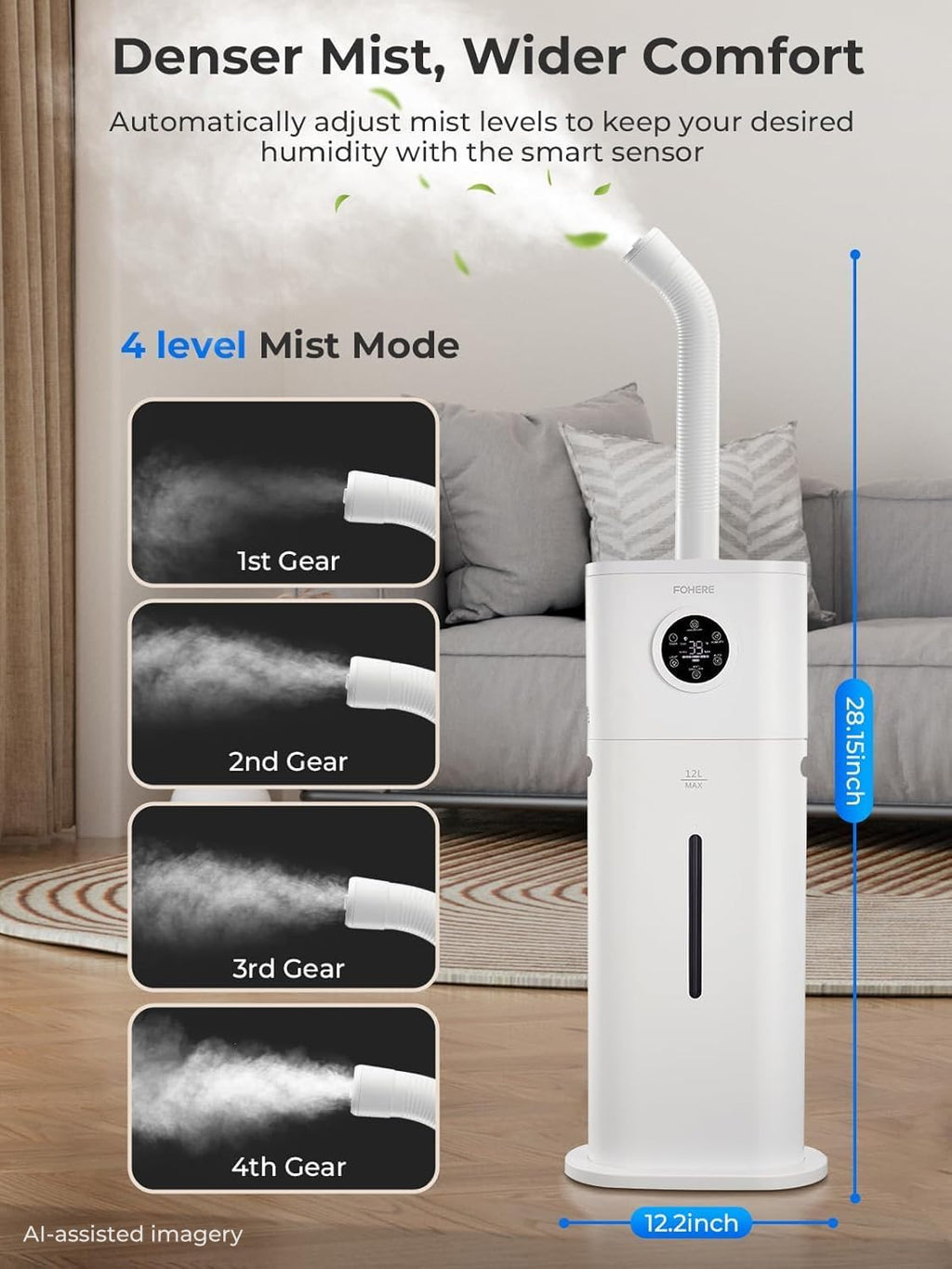 12L Humidifier for Large Room 1000ft², 120H Runtime, 1000ml/h Mist | Smart Humidity Control, Top Fill, Remote & 24H