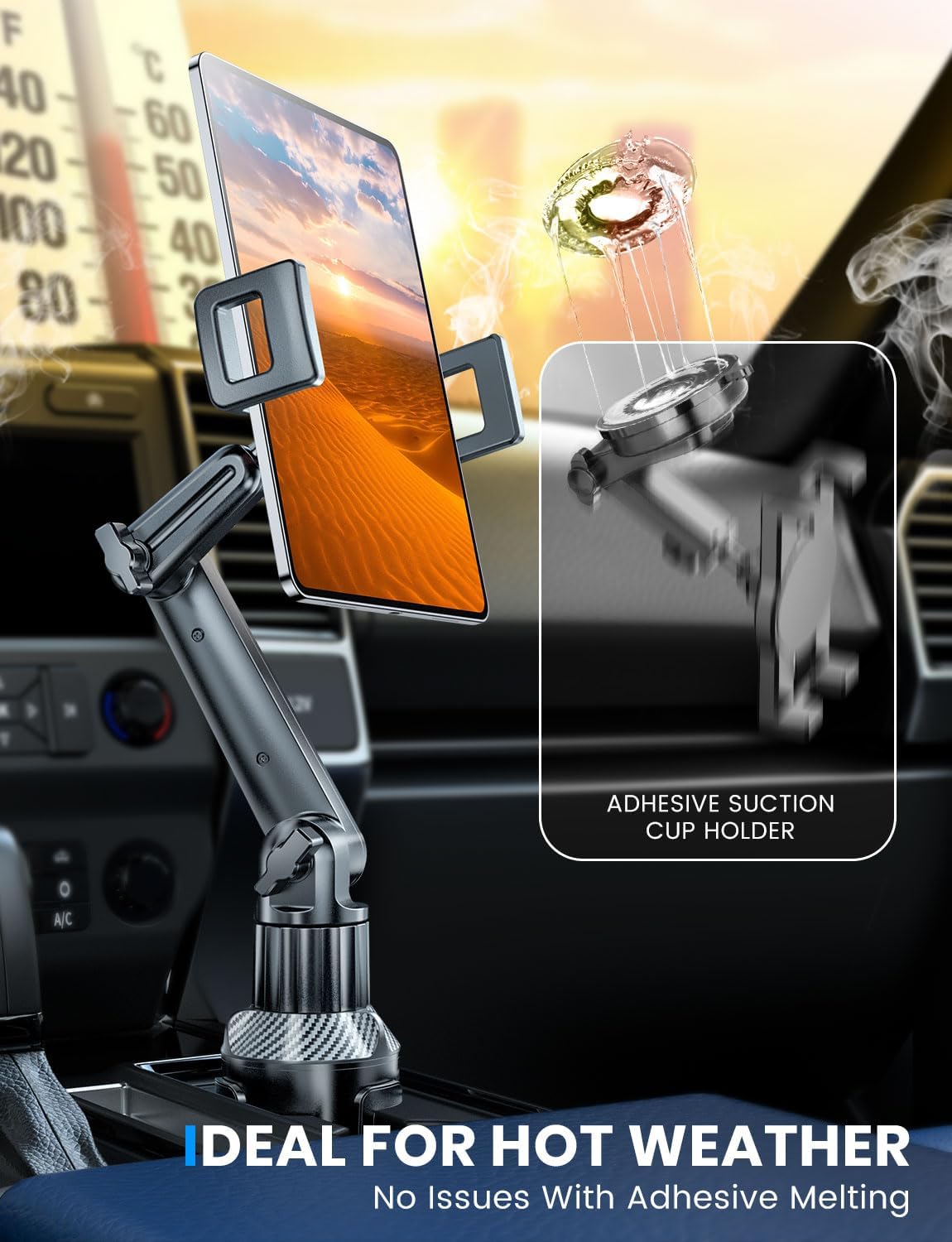 Tablet Holder for Car, for iPad Stand Cup Holder Car Mount with 1.57" Depth Large Clamp 15" Height Adjustable Tab