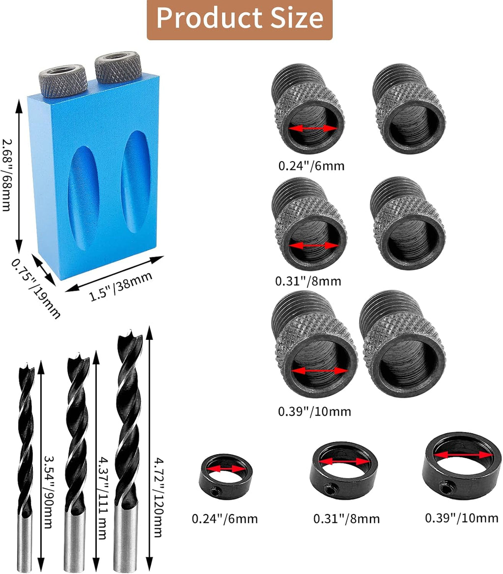 14 Pcs Pocket Hole Jig Kit, 15 Degree Woodworking Inclined | 6/8/10mm Drive Adapter, Clip