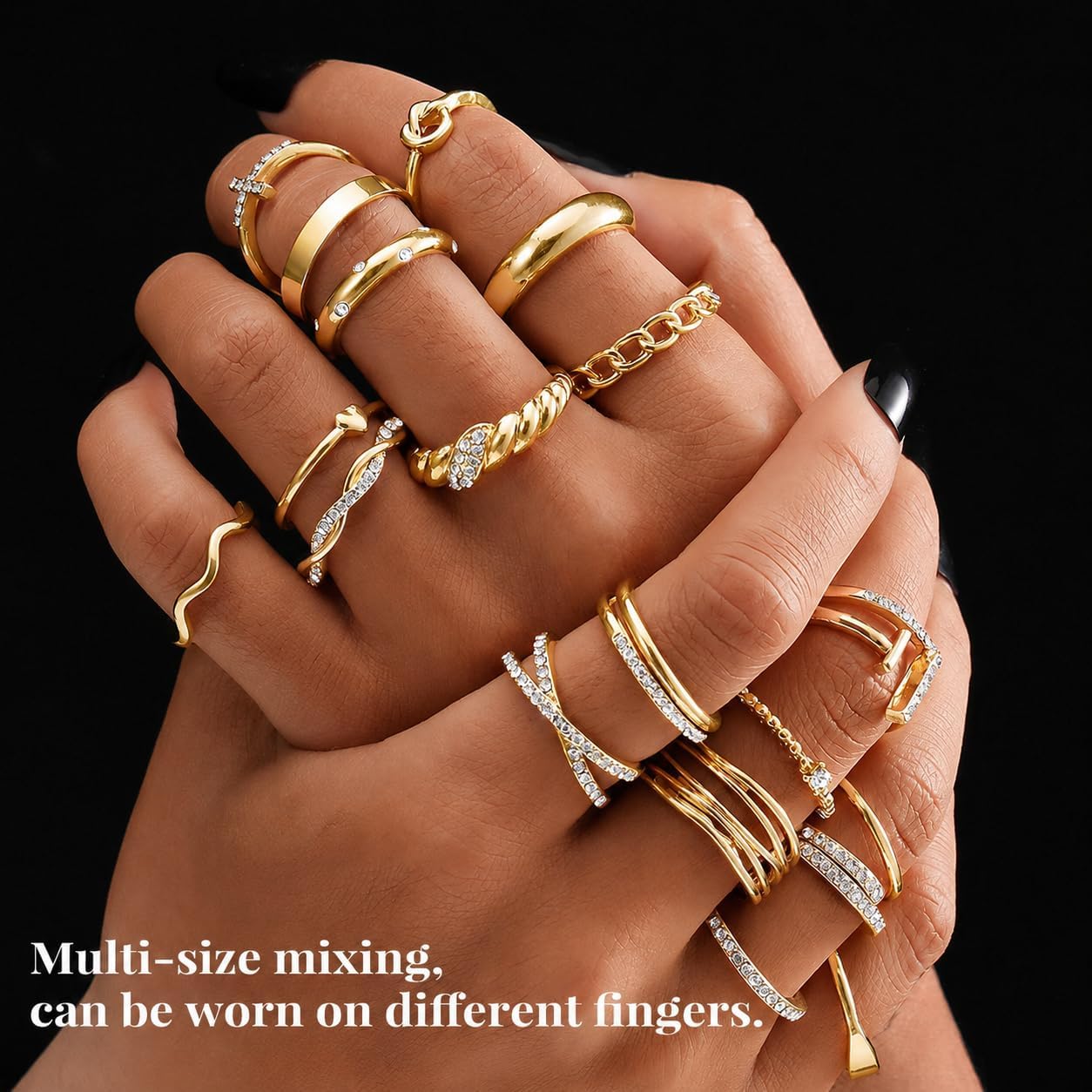 20Pcs Stackable Rings for Women, Gold Black Silver Knuckle Ring Set, Dainty Chunky Statement Rings for Daily Wear