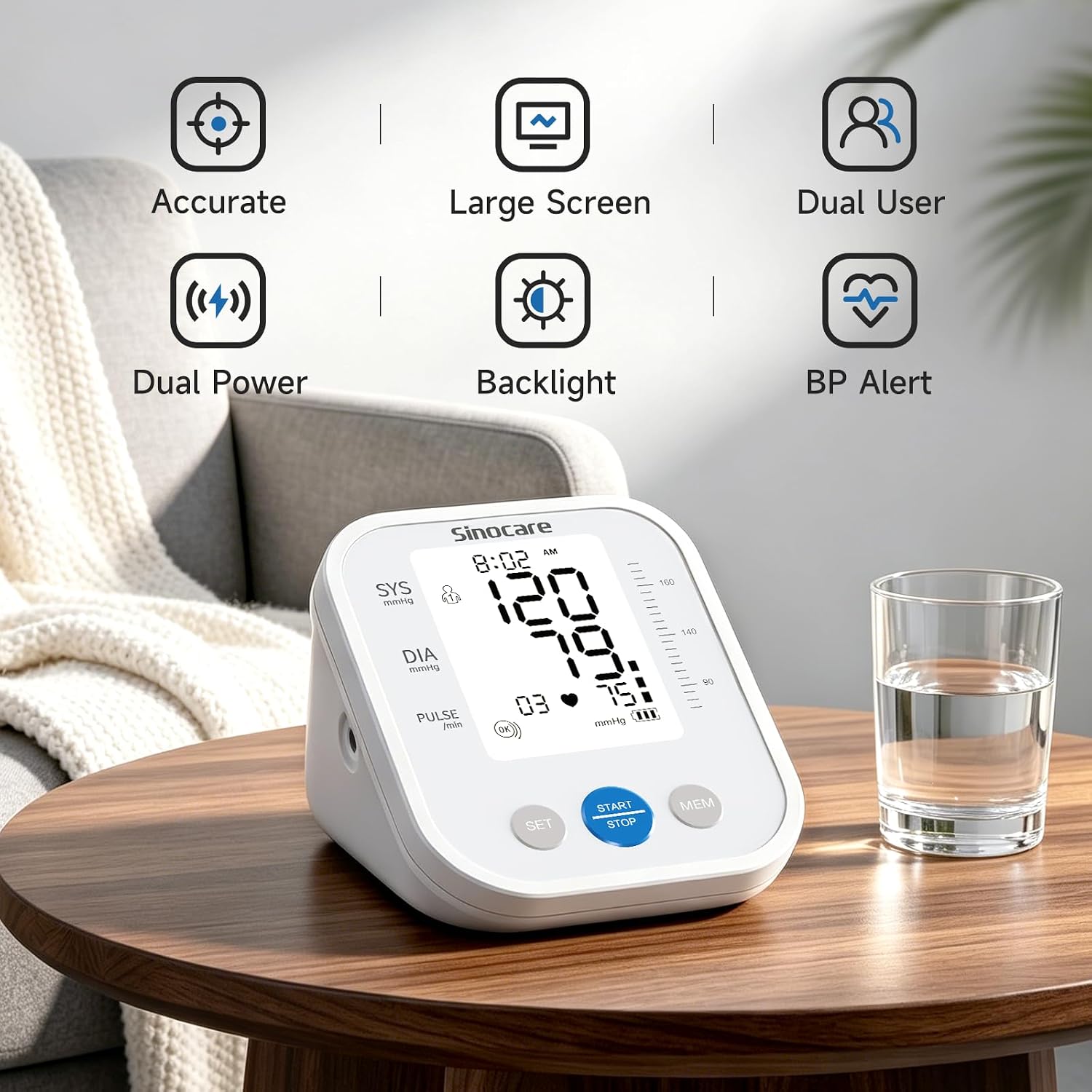 Upper Arm Blood Pressure Monitor, Automatic Digital BP Machine with 3-Color Backlit Display, 2 Users × 99 Memories
