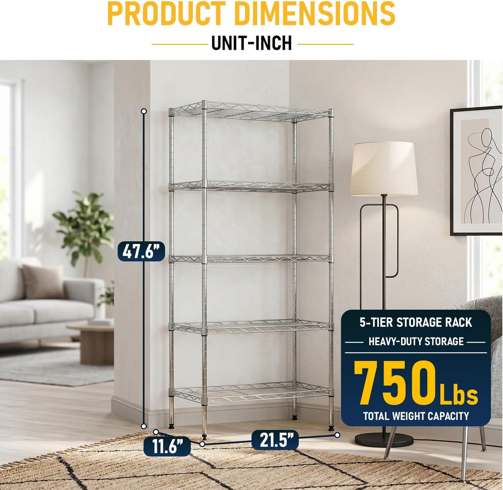 5-Tier Wire Shelf | 22" x 12" x 48" | Chrome