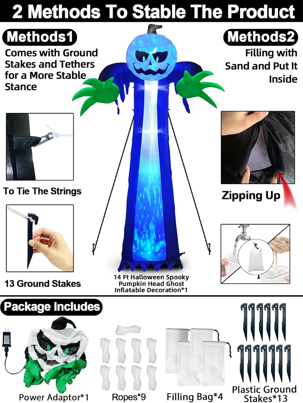 14 Ft Halloween Inflatable Pumpkin Ghost Decoration with Rotating LED Light | Waterproof Polyester, 3D Rotating