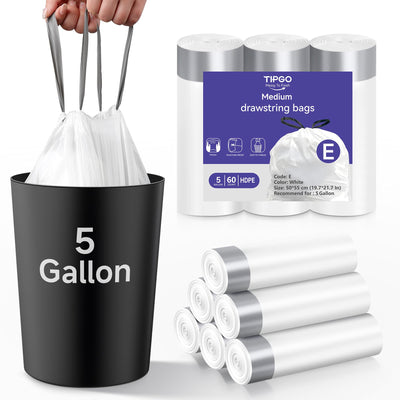 5 Gallon Trash Bags Drawstring, Pre-Cut Strong Wastebasket Bin Liners, White Garbage Bags for Home, Office, Bathroom
