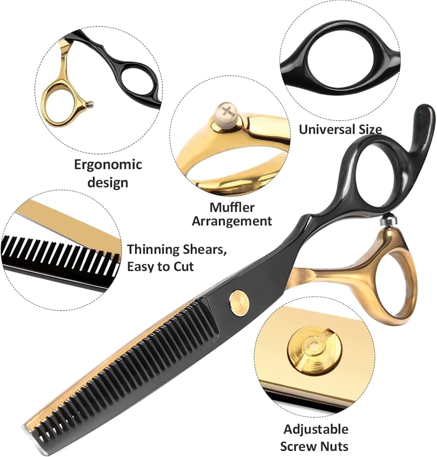 Black Gold Professional Hair Cutting Scissors - Stainless Steel Barber Thinning Shears - Multifunctional Straight and