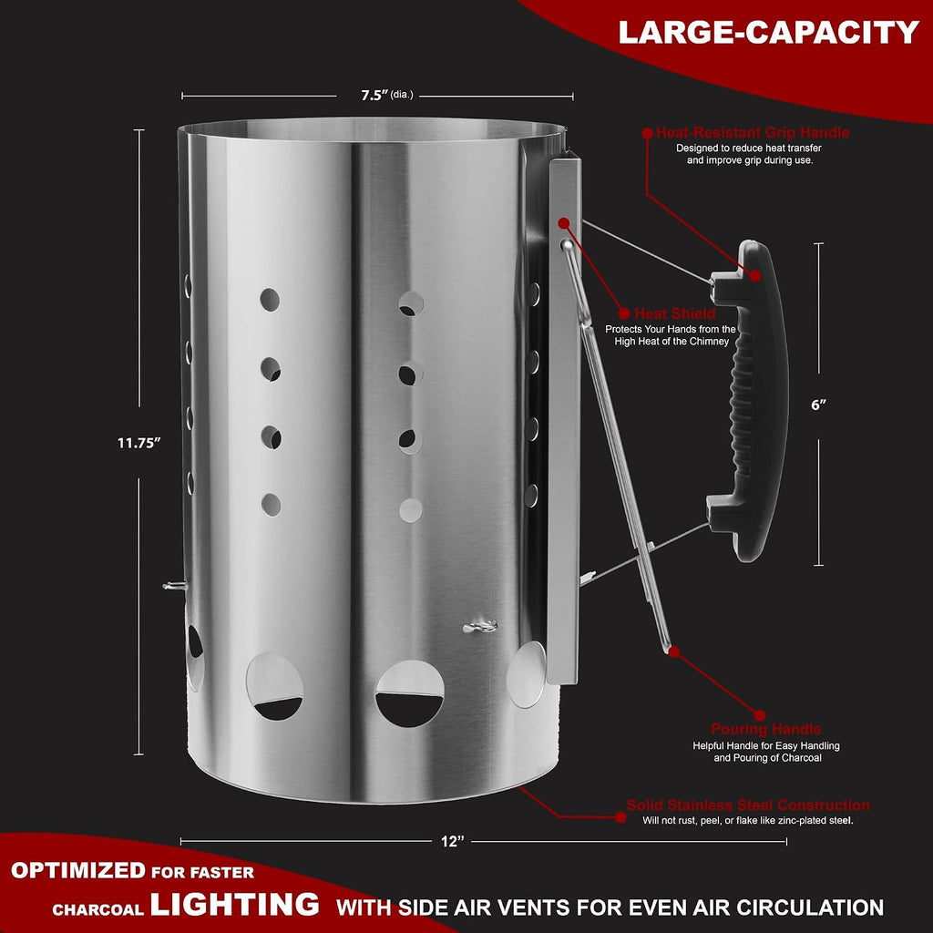 Stainless Steel Charcoal Chimney Starter – Perfect for Binchotan Charcoal & All Lump Charcoals and Briquettes, Built