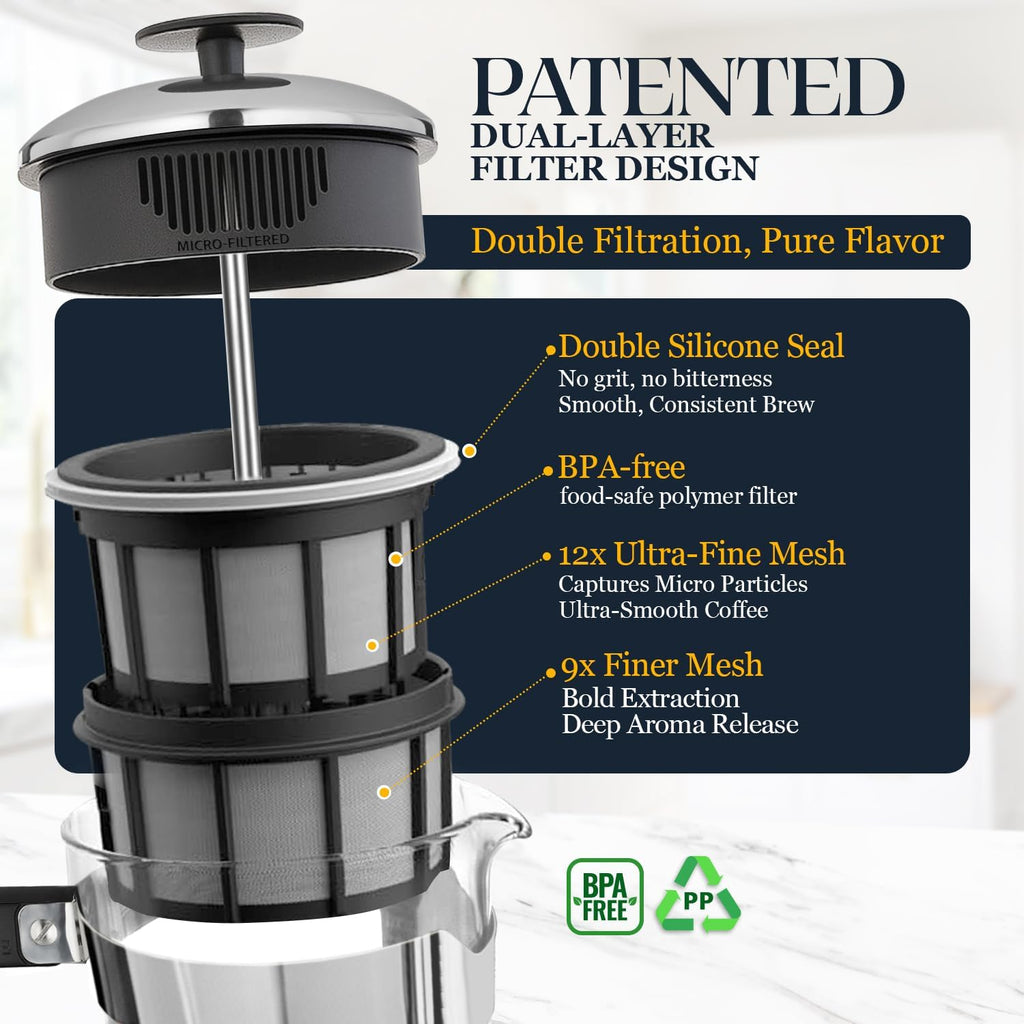P5 French Press Coffee Maker, 32oz, Polished, Stainless Steel Press | Double Filter Coffee Press, Thicker