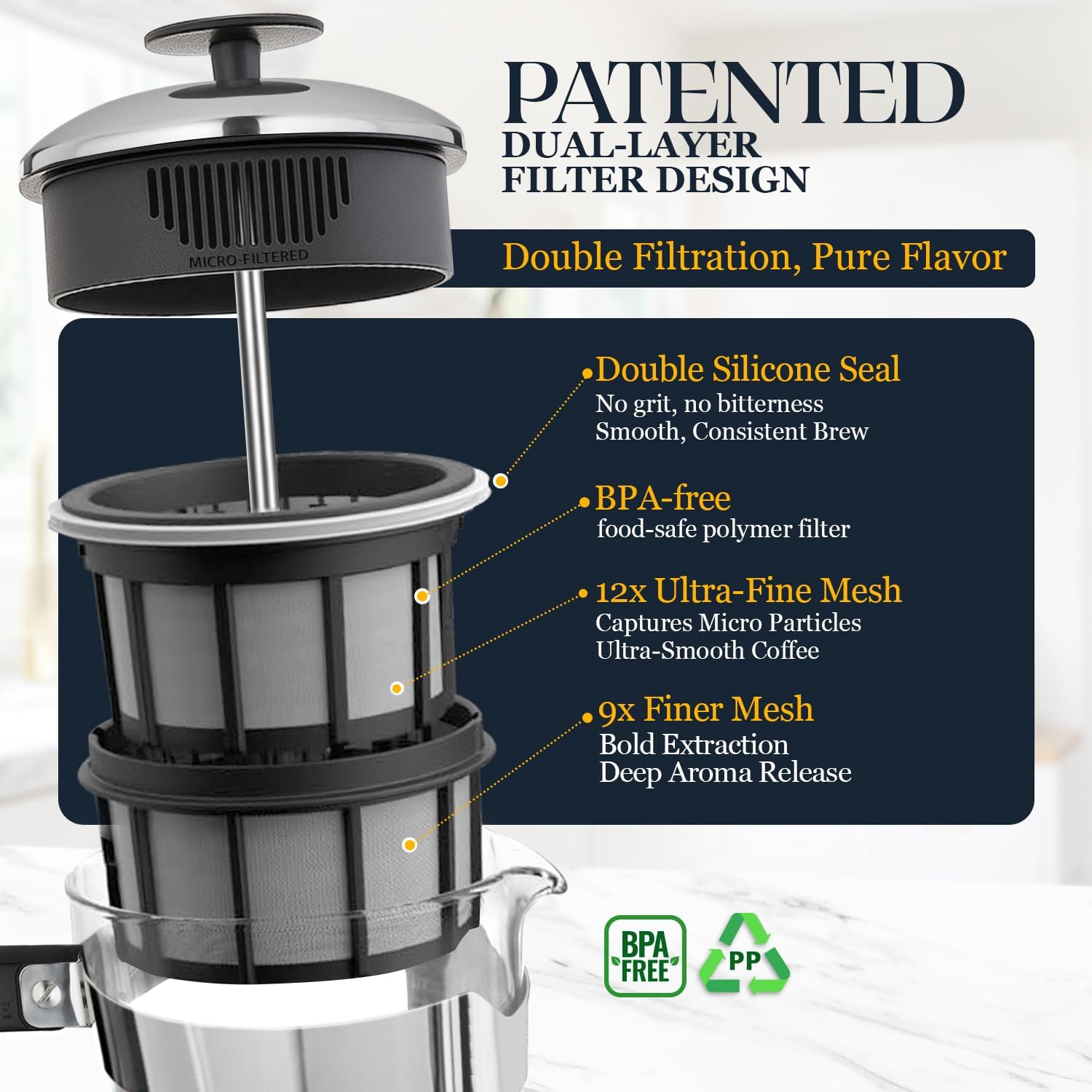 P5 French Press Coffee Maker, 32oz, Polished, Stainless Steel Press | Double Filter Coffee Press, Thicker