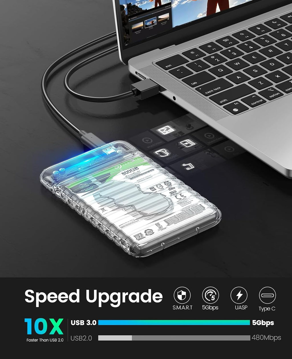 2.5 inch Hard Drive Enclosure USB C to SATA III 5Gbps Clear External Hard Drive Case for All 7mm 9.5mm 2.5 inch SATA