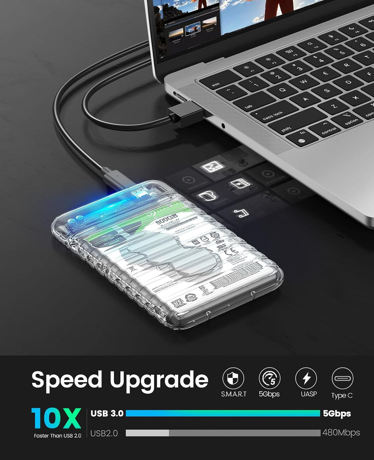 2.5 inch Hard Drive Enclosure USB C to SATA III 5Gbps Clear External Hard Drive Case for All 7mm 9.5mm 2.5 inch SATA