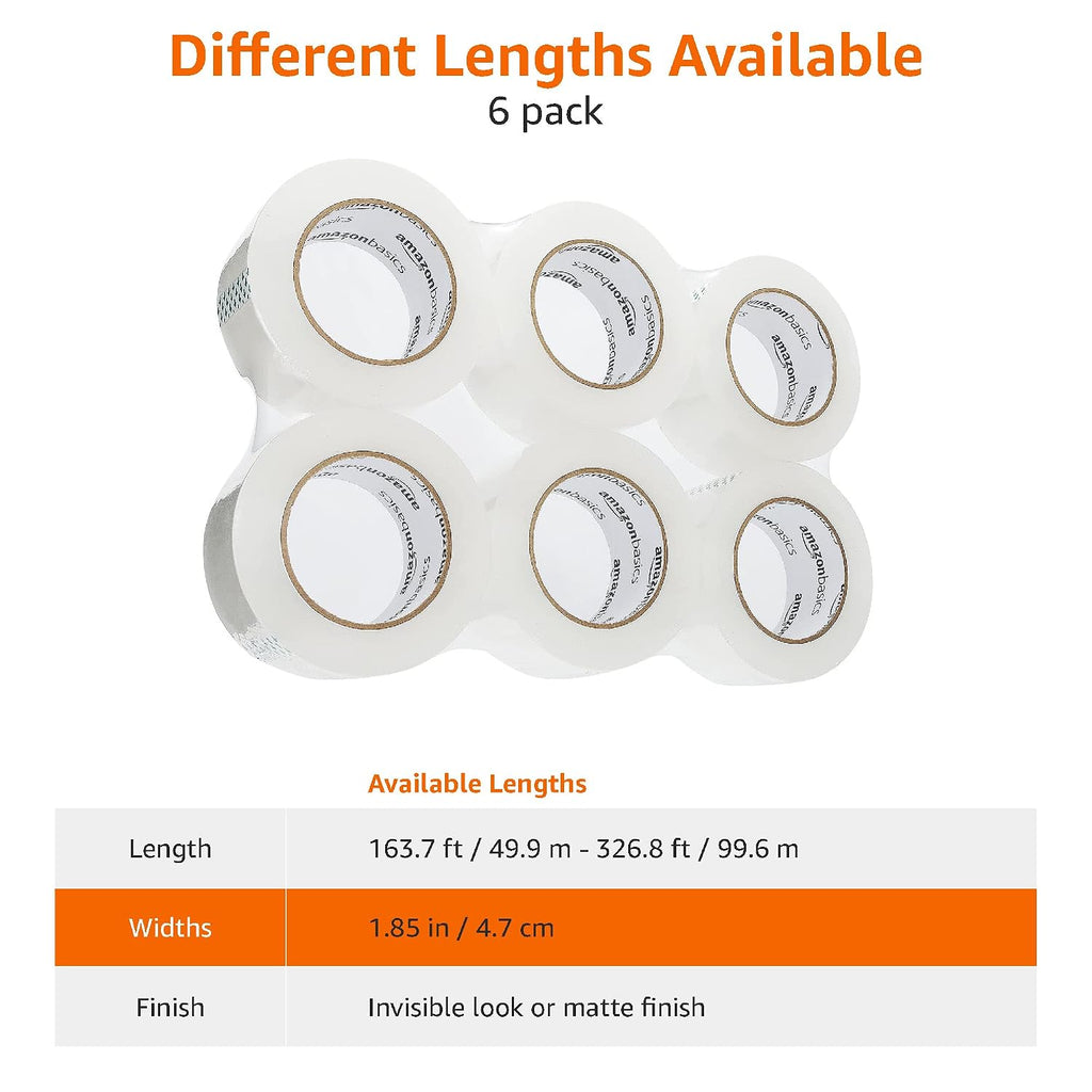 Strong Adhesive Packing Tape for Moving Boxes, Shipping and Sealing, Clear, 1.88" x 109 Yards, 6-Pack, Total 654 Yards