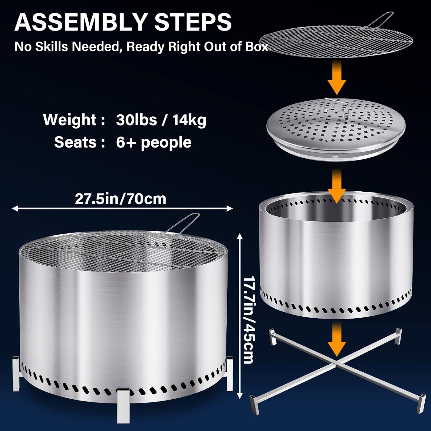 28 Inch Smokeless Firepit with Stand & Grill Rack, Large Stainless Steel Fire Pit, Wood Burning Firepit for Patio