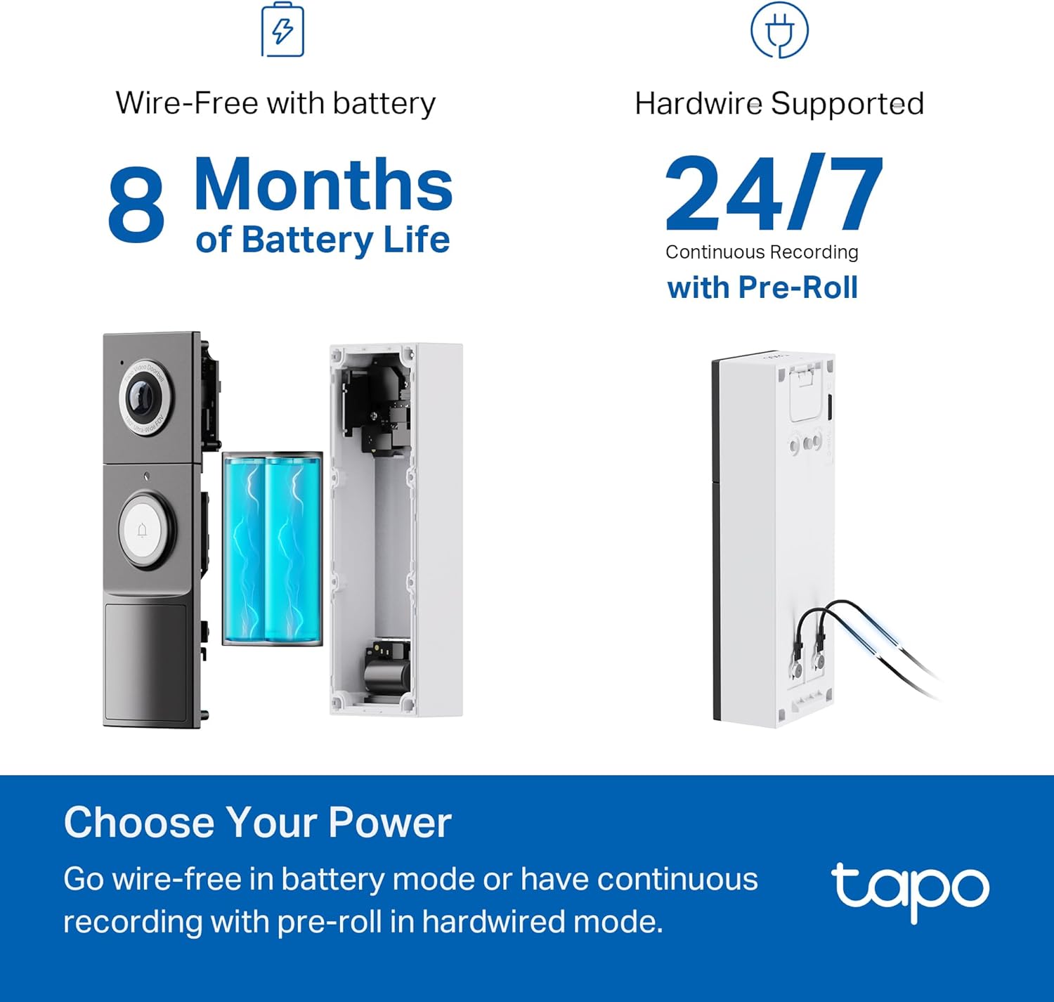 2K+ Wired or Battery Powered Smart Video Doorbell with Chime - 180° Field of View, Person/Vehicle/Package Detection