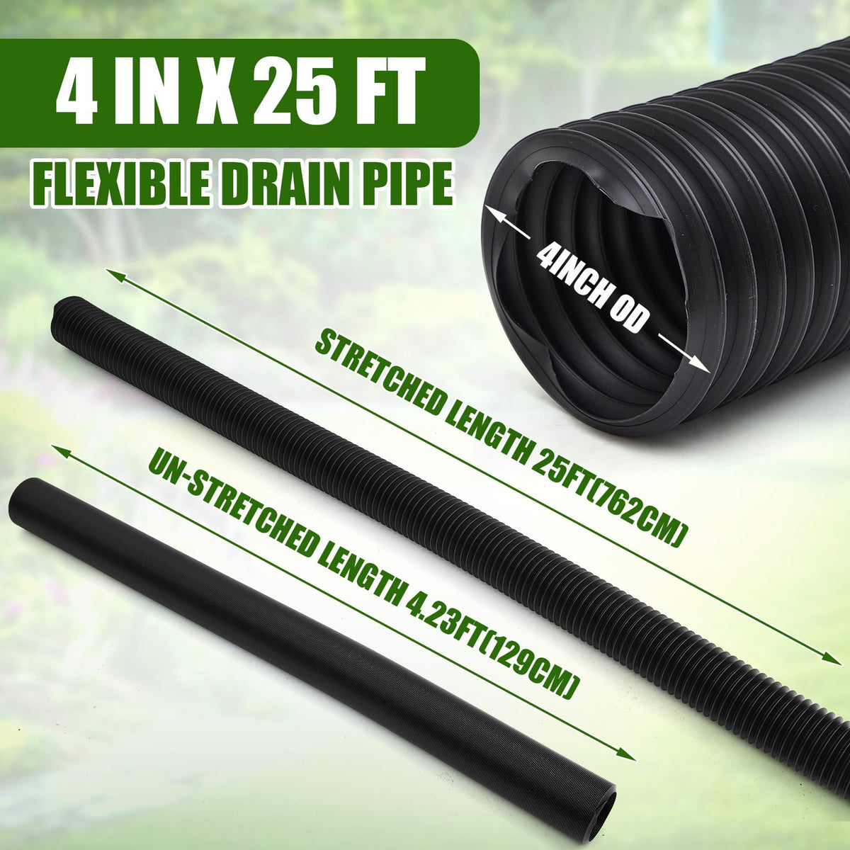 4 in OD x 25 ft Flexible Drain Pipe Expandable Landscaping