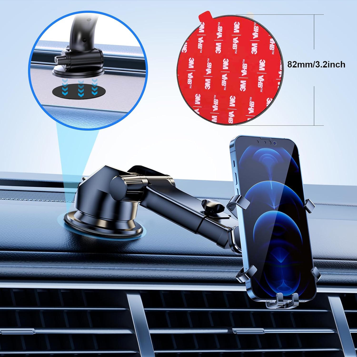 Dashboard Pad Mounting Disk for Suction Cup Phone Mount, 3.2" (82mm) 3M Car Sticky Base Plate for Phone Holder, Dash