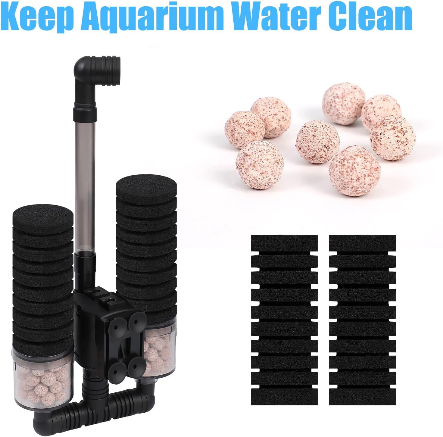 Aquarium Electric Sponge Filter for Fish Tank, with Pump, with 2 Extra Sponges, Middle up to 40Gal