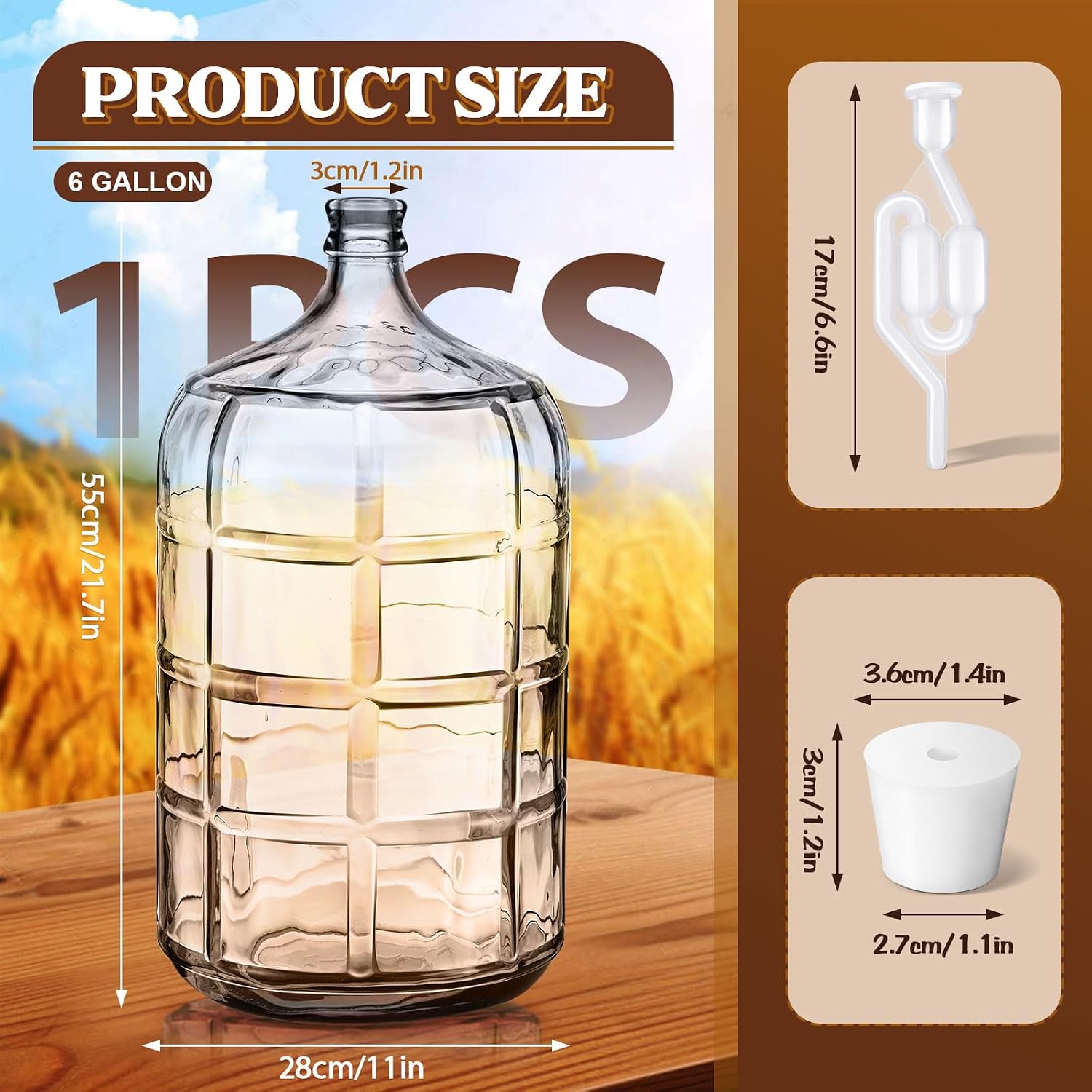 6 Gallon Glass Carboy Set, 6 gallon glass water jug with Drilled & Undrilled Rubber Stoppers, Bubble Airlock, Handle
