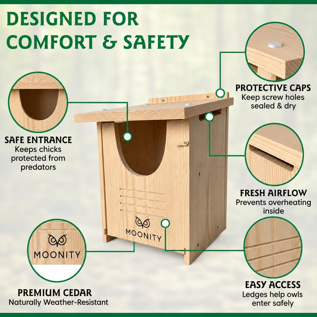 Large Premium Cedar Owl House – 16" x 12" x 12" Weatherproof Nesting Box for Barn & Screech – Durable, Safe & Easy to