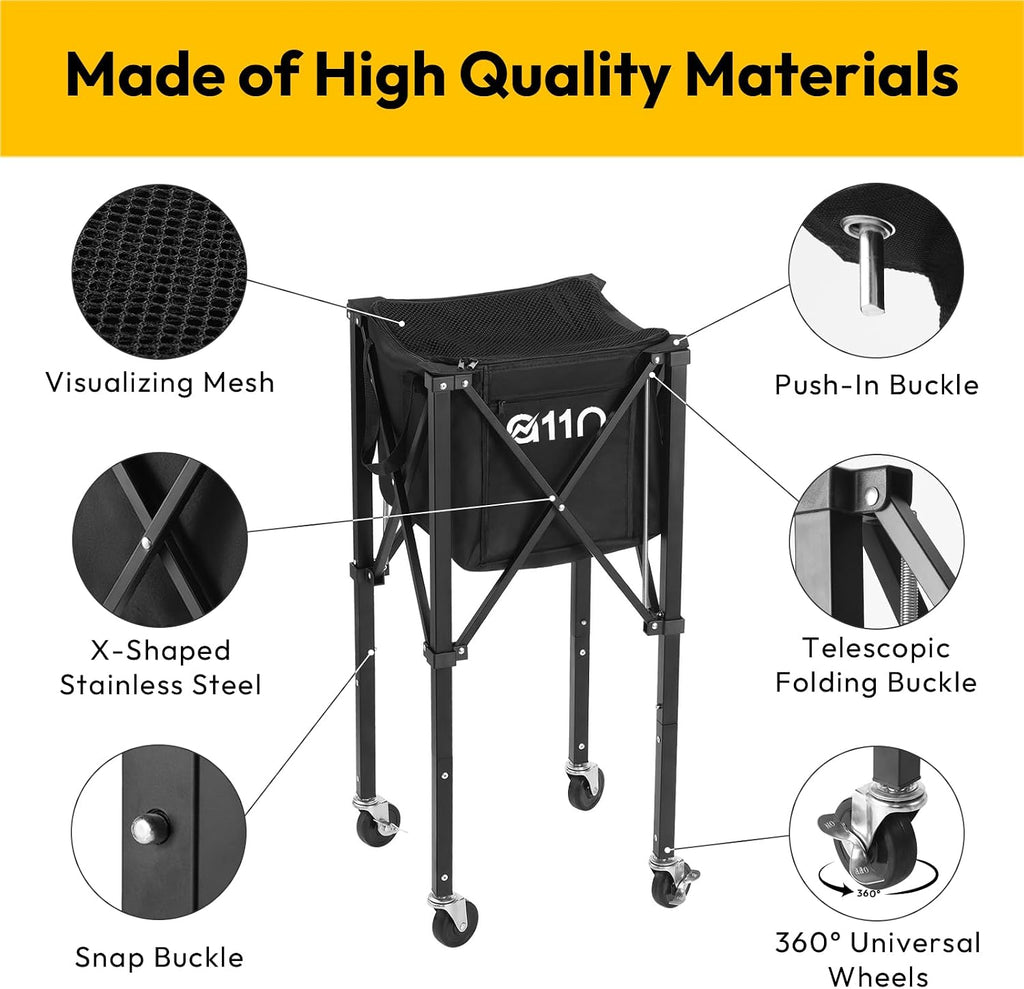Pickleball & Tennis Ball Hopper with Wheels, Foldable Cart