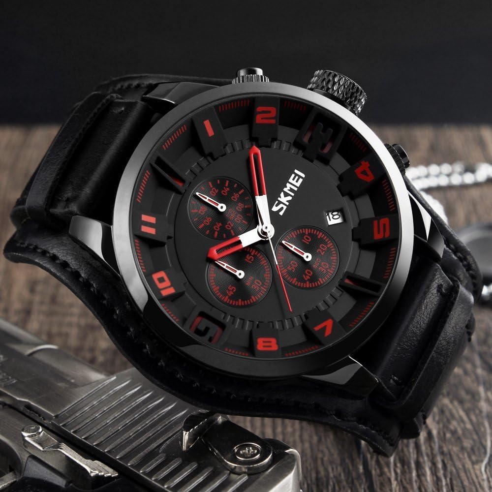 Mens Wide Leather Cuff Sport Watch for Men Large Dial 47mm Analog Quartz Watches Waterproof Chronograph Watch
