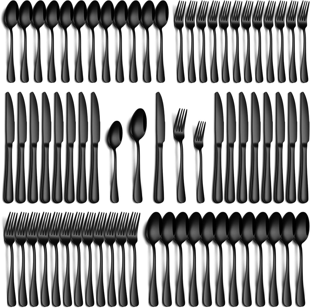 60 Piece Black Silverware Set, Stainless Steel Flatware Set for 12 Food Grade Cutlery Utensil Set Include Knife Fork