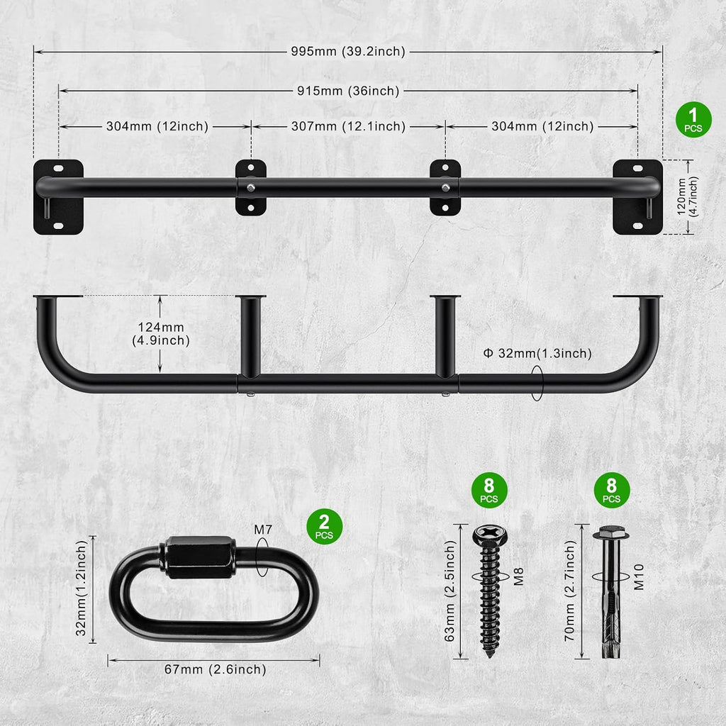 32"/36" Wall Mount Pull Up Bar Joist Mount Chin Up Bar for Doorway | Heavy Duty Steel Construction Support 450 lb