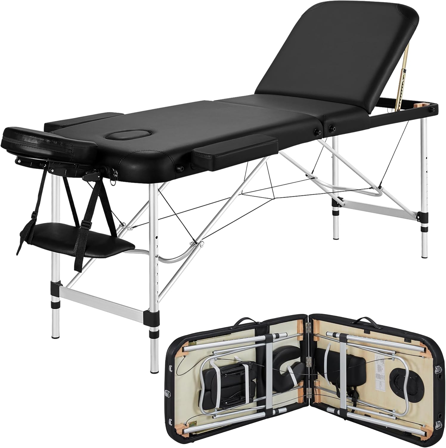 Portable Folding Massage Table Adjustable Lash Tattoo Bed Black