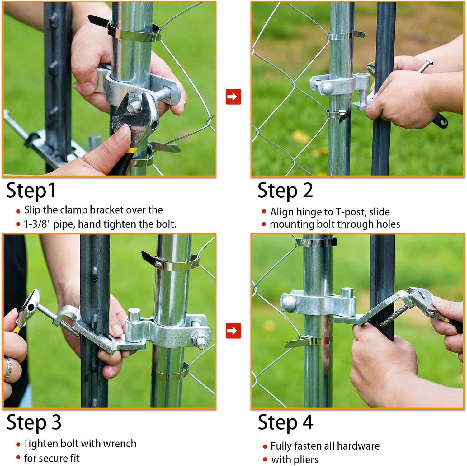 2-Pack T-Post Gate Hinge Kit, Heavy Duty 1-3/8" U-Bolt Clamps, Chain Link Fence Gate Hinge for Metal Posts & Chain