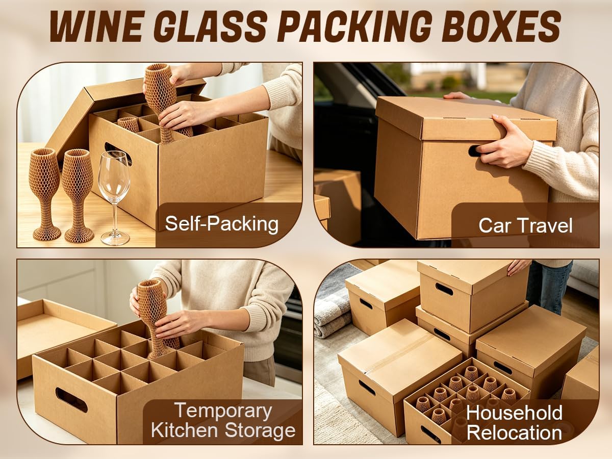 Wine Glass Moving Boxes with Dividers, 2 Pack Glassware Dish Moving Kit, 24 Honeycomb Paper Sleeves Included, Heavy