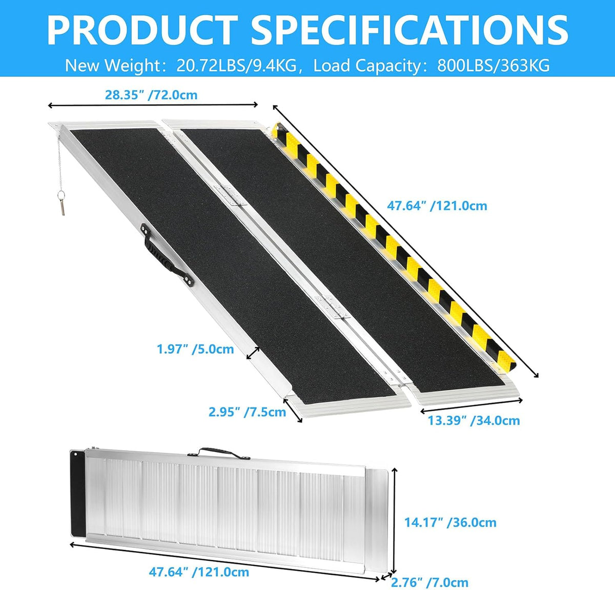 4FT Portable Wheelchair Ramp, Non-Slip Aluminum Folding Handicap Ramp, 800 LBS Capacity Door Threshold Ramps for Home