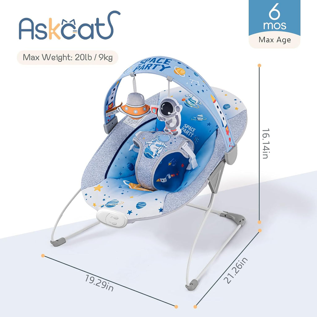 Baby Bouncer Seat & Rocker with Music for Infant 0-6 Months, Blue | 6 Melodies, Fun Vibration, 3-Point Harness