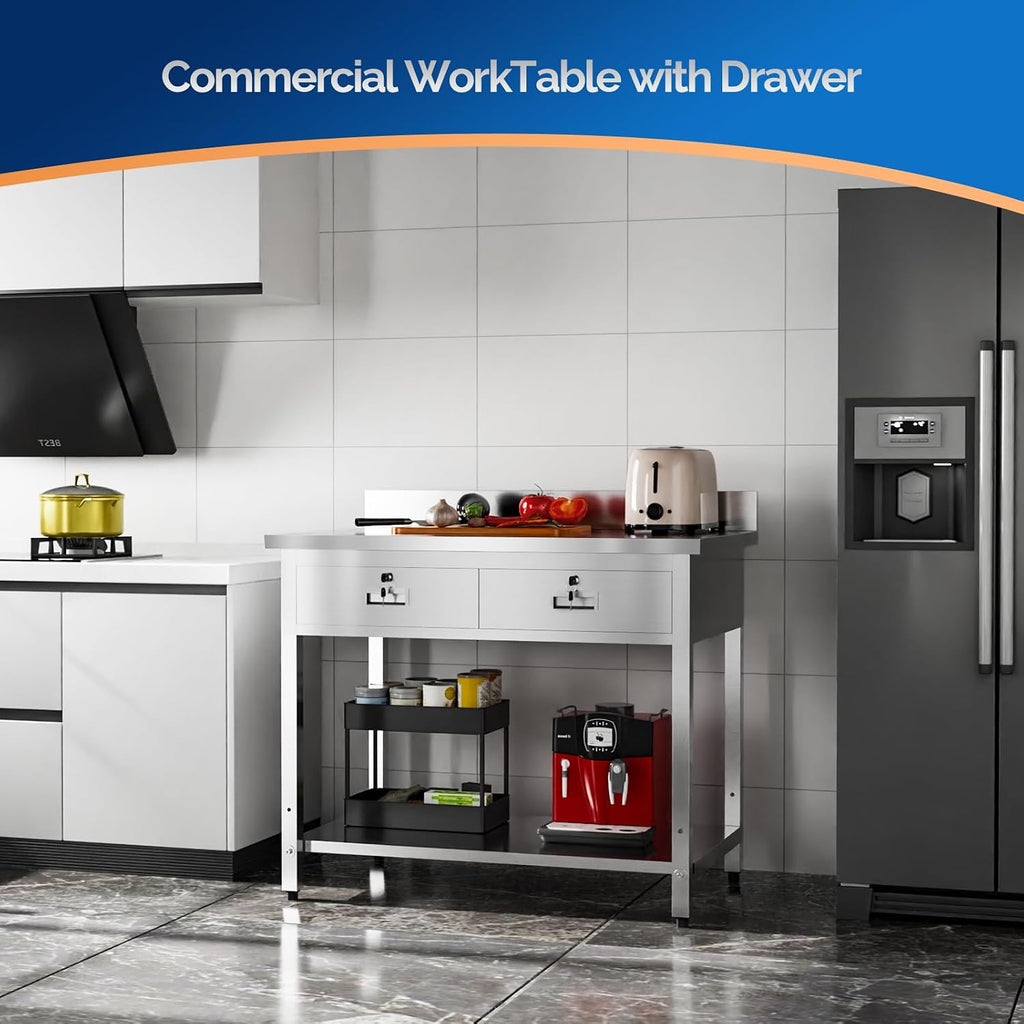 42" X 26" Stainless Steel Table with 2 Drawers, Commercial Heavy Duty for Work & Prep, Backsplash & Undershelf for