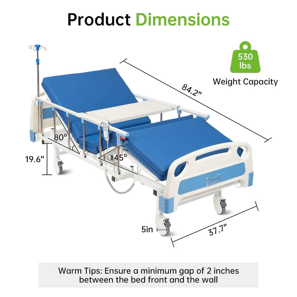 Premium 2 Function Full Electric Hospital Bed, ICU Electric Medical Bed with 4 inch Foam Mattress & IV Pole, Dining