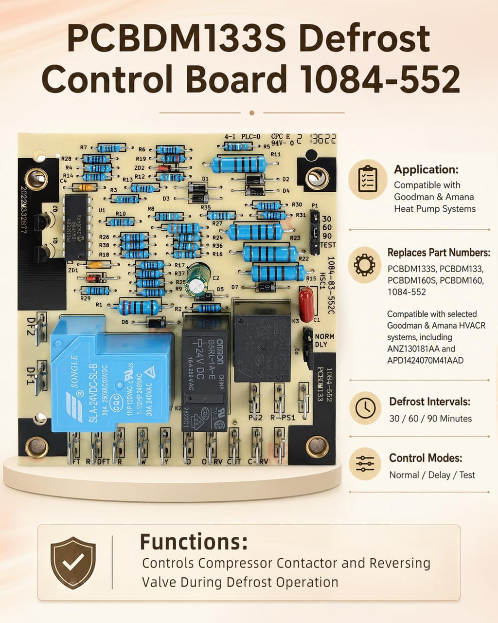 Upgrade Defrost Control Board PCBDM133S 1084-552 Replacement for Goodman and Amana Heat Pumps and Furnaces, 3-Minute Delay Protection, Replaces HVAC Control Board PCBDM133, PCBDM160S, PCBDM160