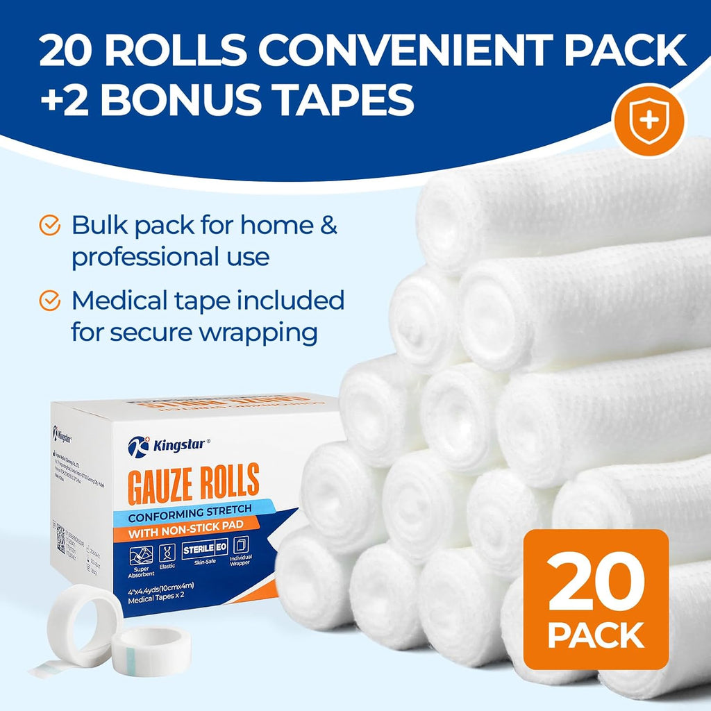 Sterile Gauze Rolls 4in x 4.4yds with Non-Stick Pad, 20 Pack Individually Wrapped Sterile Gauze Bandages, Latex-Free