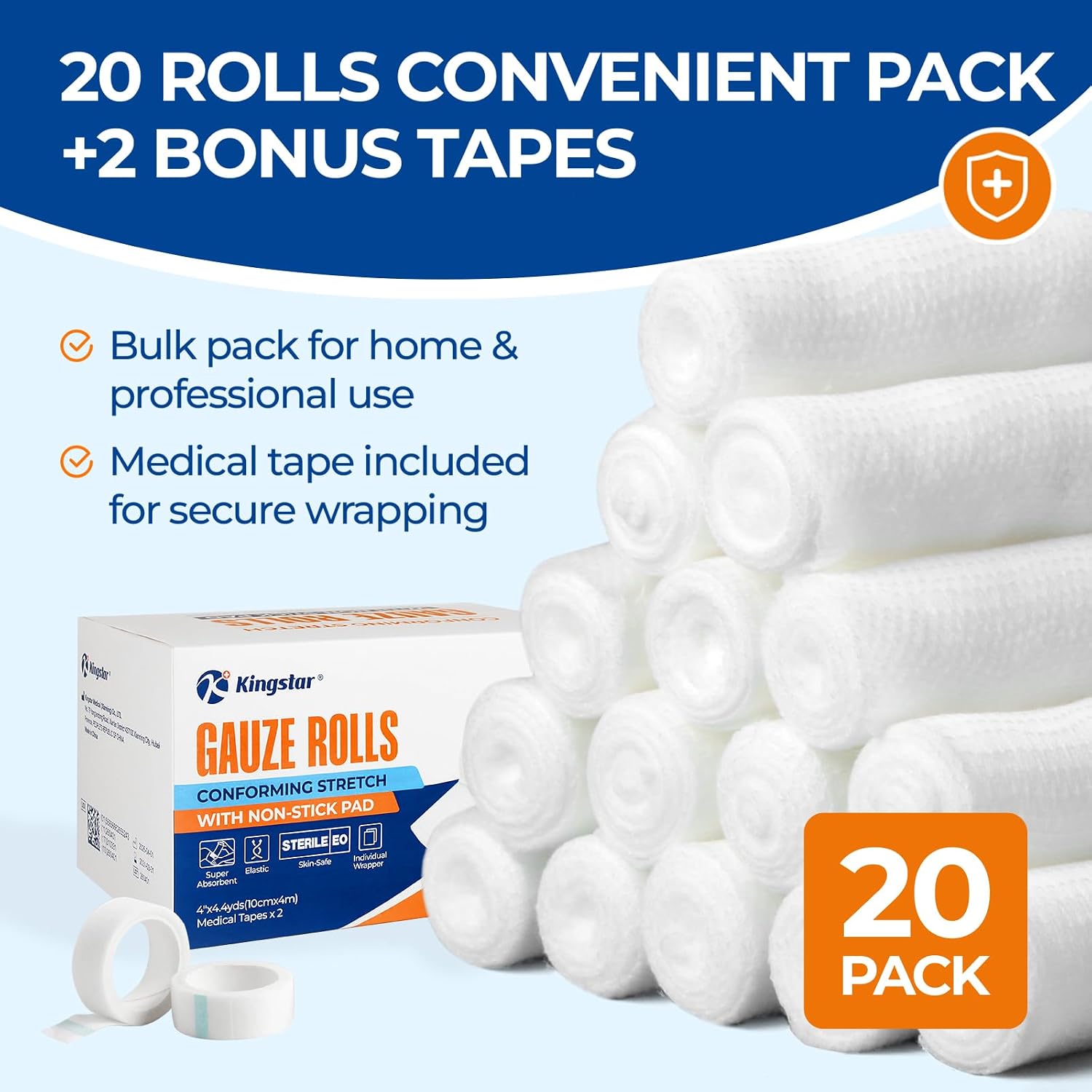 Sterile Gauze Rolls 4in x 4.4yds with Non-Stick Pad, 20 Pack Individually Wrapped Sterile Gauze Bandages, Latex-Free