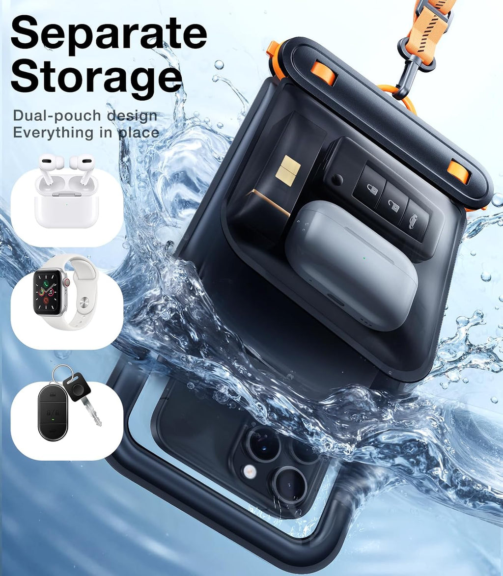 IP68 Waterproof Phone Pouch Floating with Double Space 7.0", Black | Waterproof Phone Case with Crossbody Lanyard